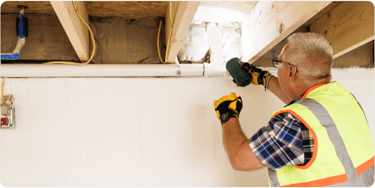Tradie inspecting leaking pipes and insulation