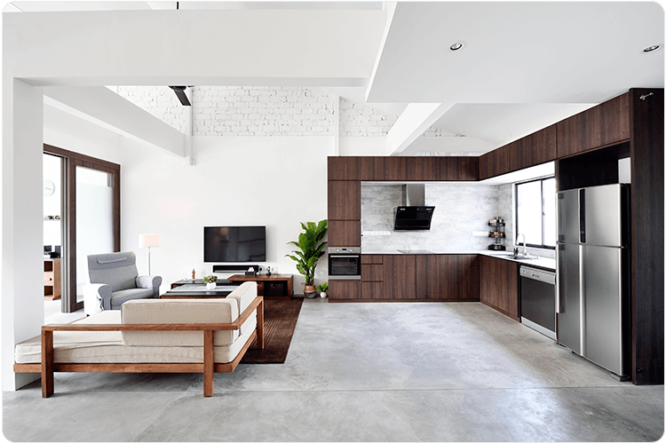 Interior of a modern loft apartment with polished concrete floors